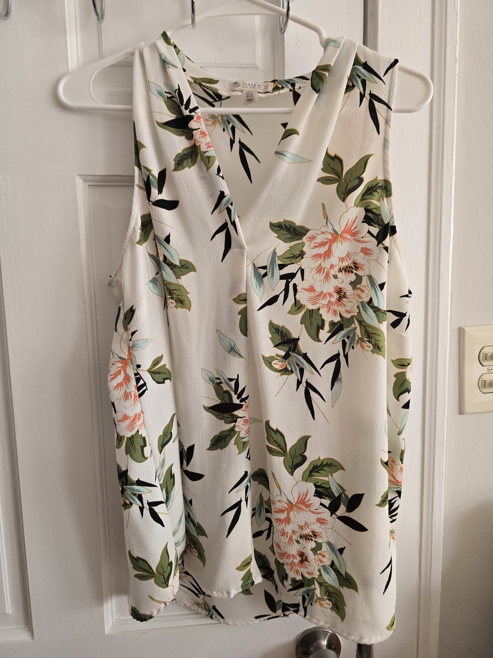 Floral Sleeveless V-Neck Blouse - White with Green & Coral Floral Print
